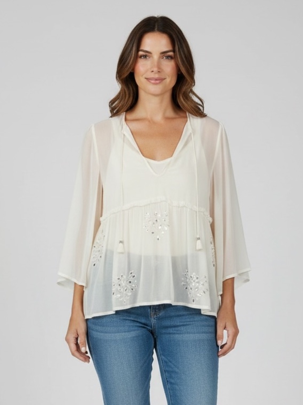 Chan Luu Embellished Mirror Peasant Blouse in Ivory, Size Small
